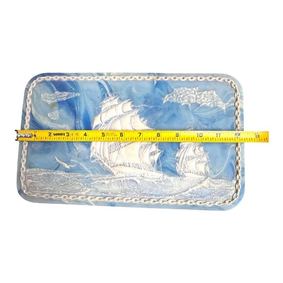 Nautical Sailing Clipper Ships Incolay Stone Jewelry Keepsake Box Large Usa 12" - Picture 5 of 16